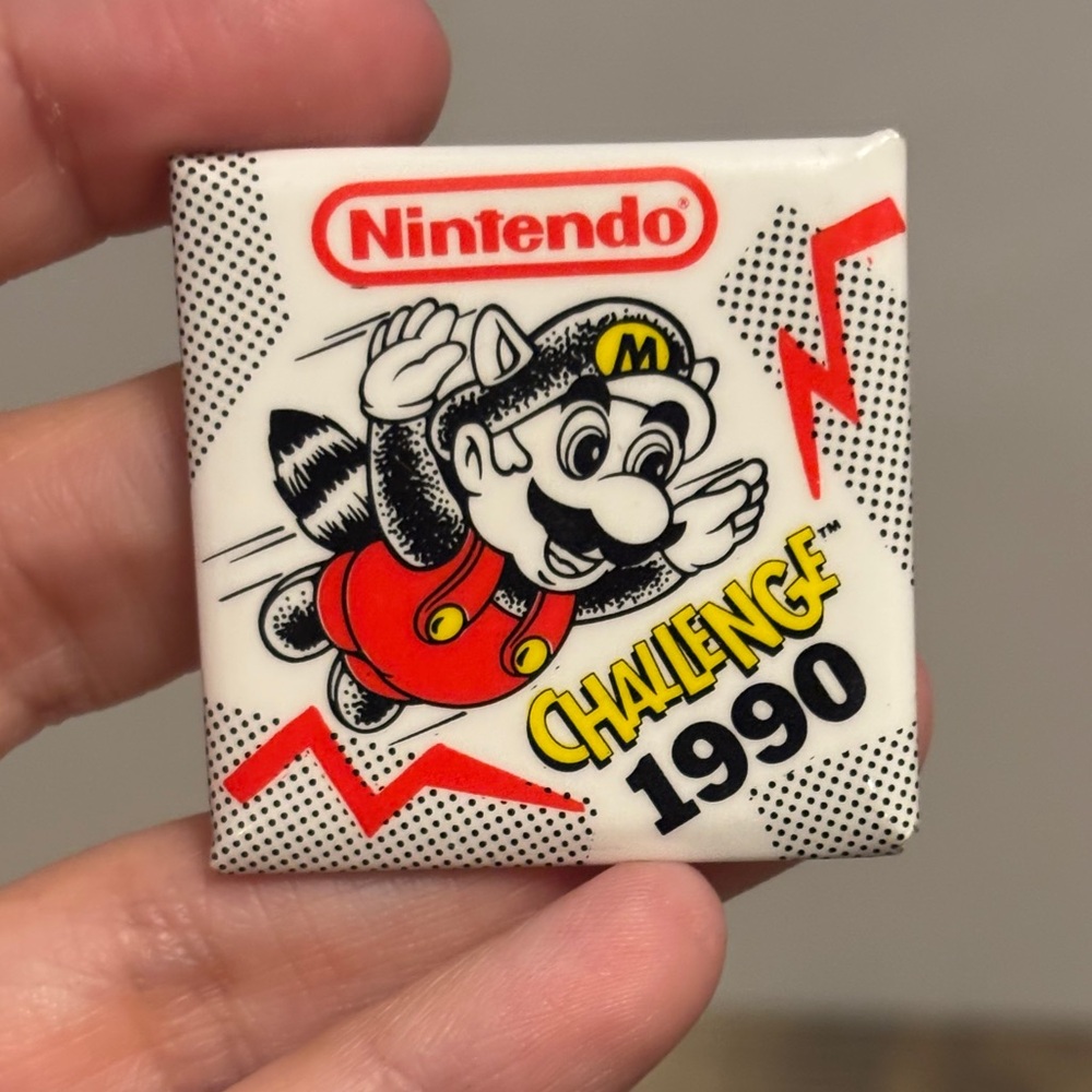 Vintage 1990 Nintendo Challenge Promotional Pin Mario Raccoon